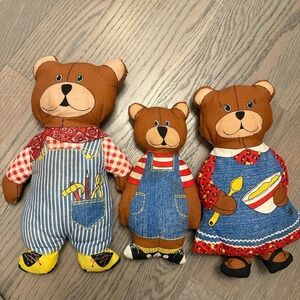 Vintage 3 Little Bears Goldilocks Stuffed Animals Plush Cut & Sew Denim Mom Dad